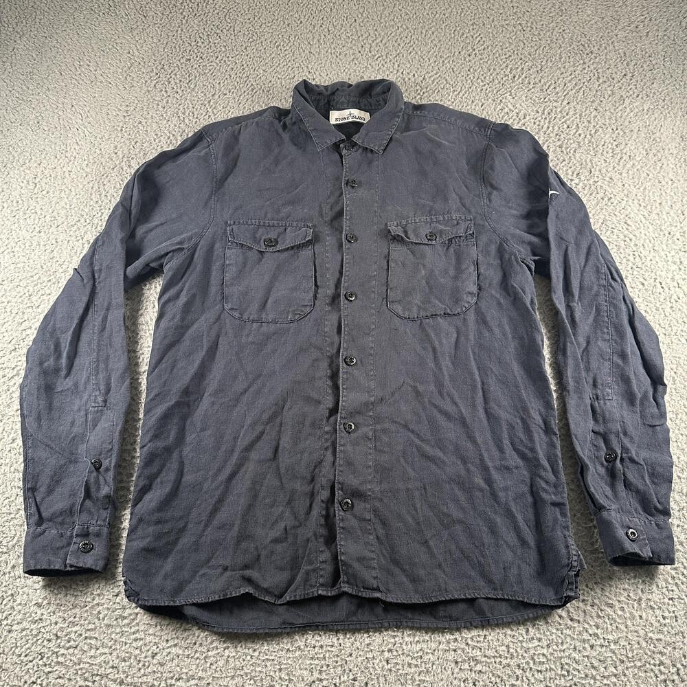 Stone Island Shirt Mens M Blue Linen Long Sleeve Button Up Casual Overshirt